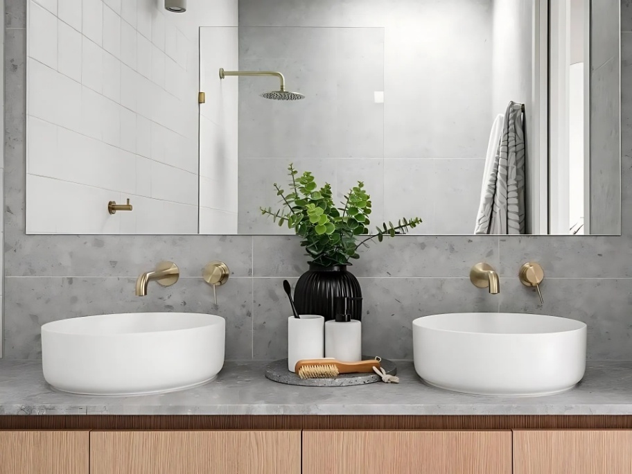 bathroom with grey tiles, white sinks, nero taps, and a plant at the center